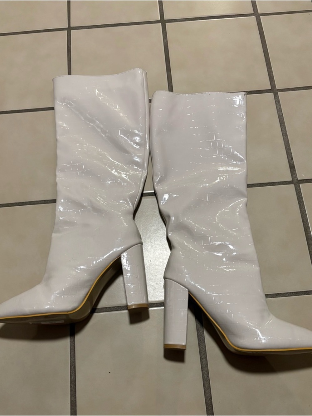 White Patent Mid-Calf Block Heel Boots Sz 40